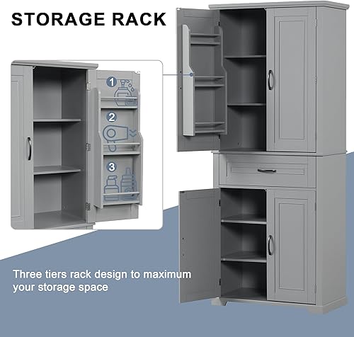 Miniatura 44 de Armario de baño de 64 pulgadas con 4 estantes, puertas y 1 cajón, armario alto con estantes ajustables para baño, cocina en casa, sala de estar