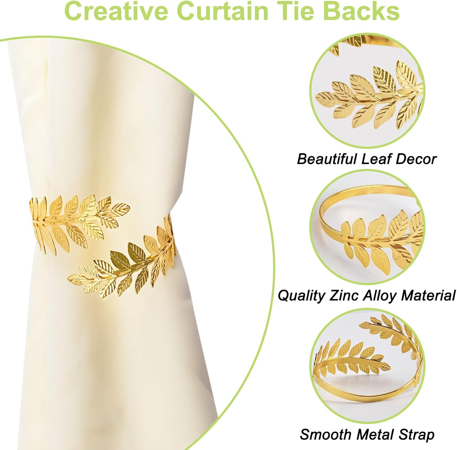 4pcs Curtain Tie Backs, Simple Elegant Leaf Curtain Tieback DIY Decorative Holdbacks Zinc Alloy Twist Drape Holder Clip for Home Office(Gold)