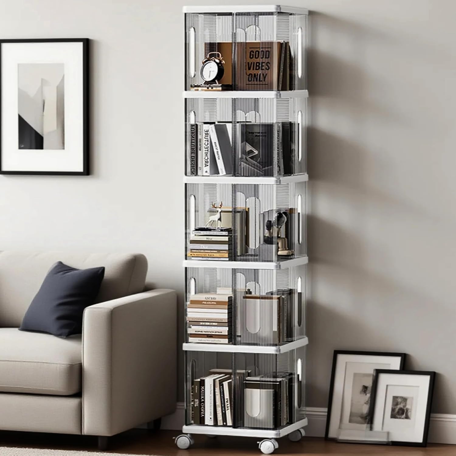 Rotating Bookshelf Tower, 360-Degree rotating bookshelves, Small Space Spinning Bookshelf with Wheels, Revolving Bookcase Suitable for Bedrooms, Living Rooms, Studies and Offices (Grey,5Tier) - Image 4