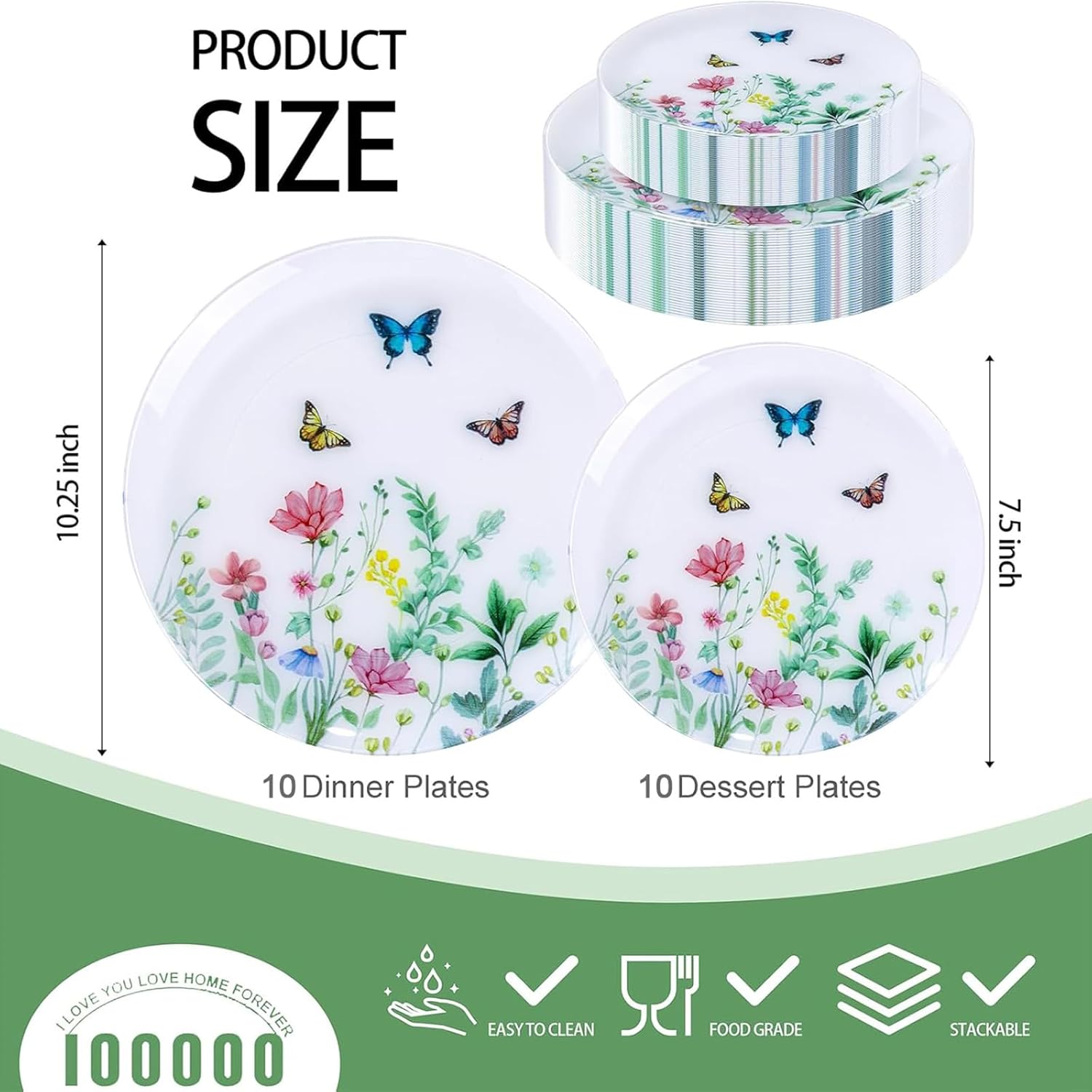 I00000 20Pcs Wildflower Plastic Plates,Spring Party Decorations,Butterfly Floral Plastic Dinnerware Set Include 10 Pcs Dinner and 10 Pcs Dessert Plates for Easter Dinner Party Supplies
