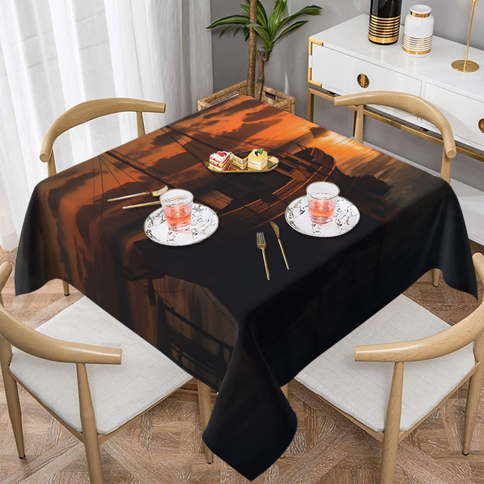 Nappe carrée bateau au crépuscule 152x152 cm imperméable blanc