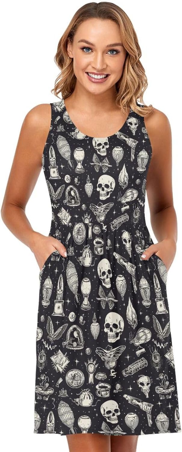 ALAZA Summer Dress Skull Witchy Sun Dresses Sleeveless w/Pockets
