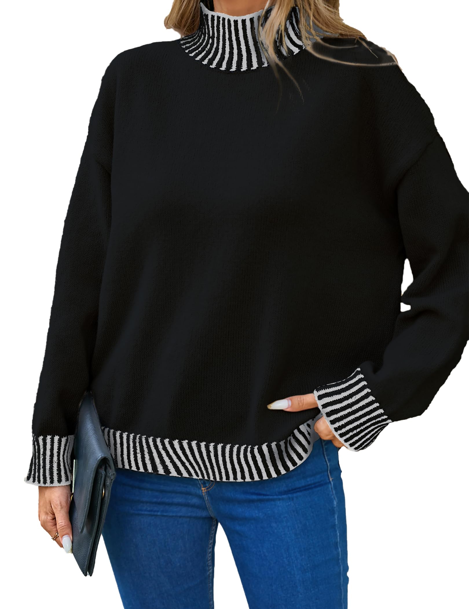 SunnyMelody Womens Oversized Turtle Neck Striped Sweater Fall 2025 Causual Ribbed Knit Long Sleeve Pullover Sweaters Tops
