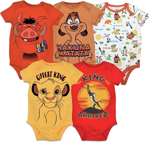Disney Baby Unisex 5 Pack Bodysuits - Mickey Mouse, Lion King & Pixar