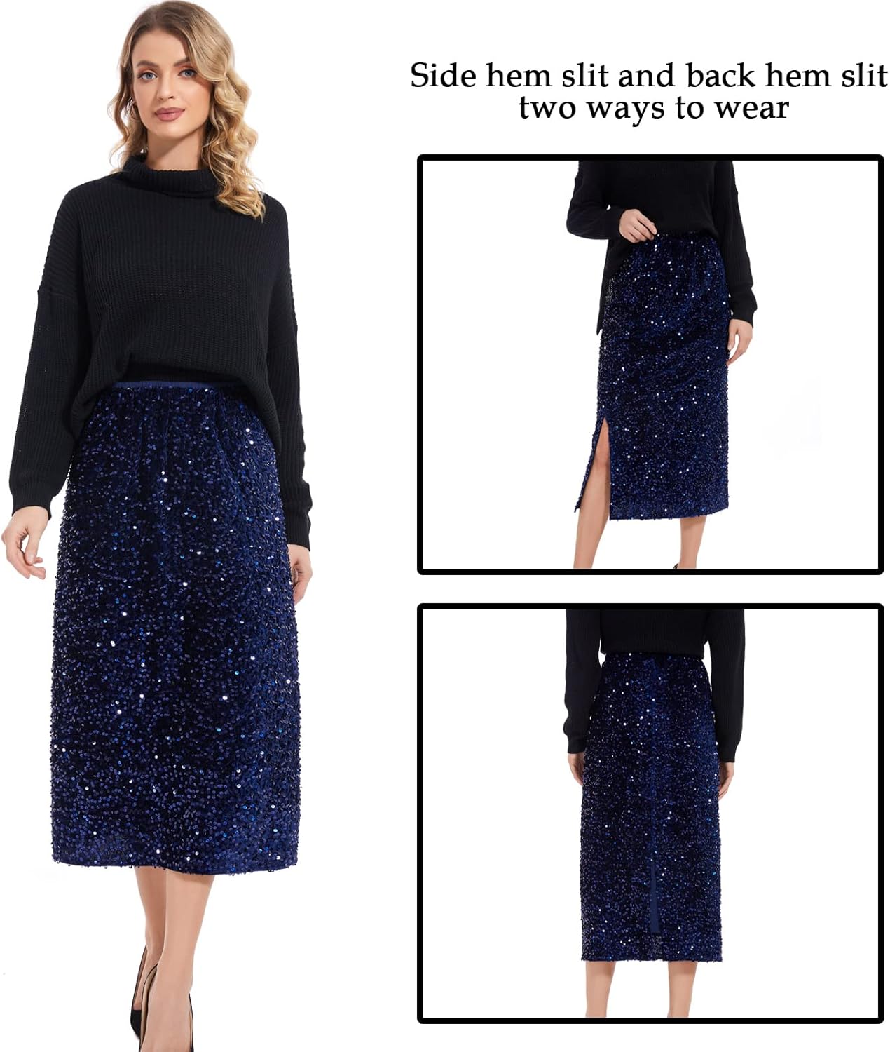 Women’s Sequin Velvet Skirt Elastic High Waist Sparkle Split Hem Night Out Party Maxi Skirt - Image 3