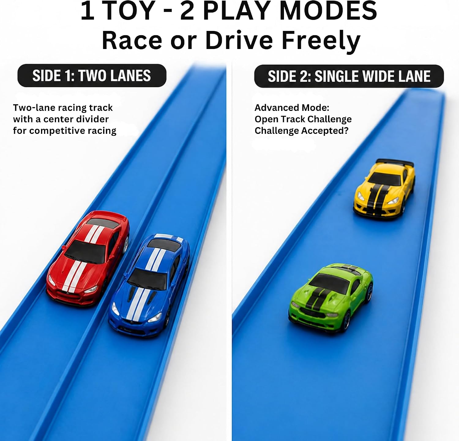 Flexible Race Track for Kids – Friendly Racing Competition, Double-Sided 1 & 2 Lane Track, Roll-Up Design with Anchors, Build, Race & Win Fun, (No Cars Included) - Blue Track