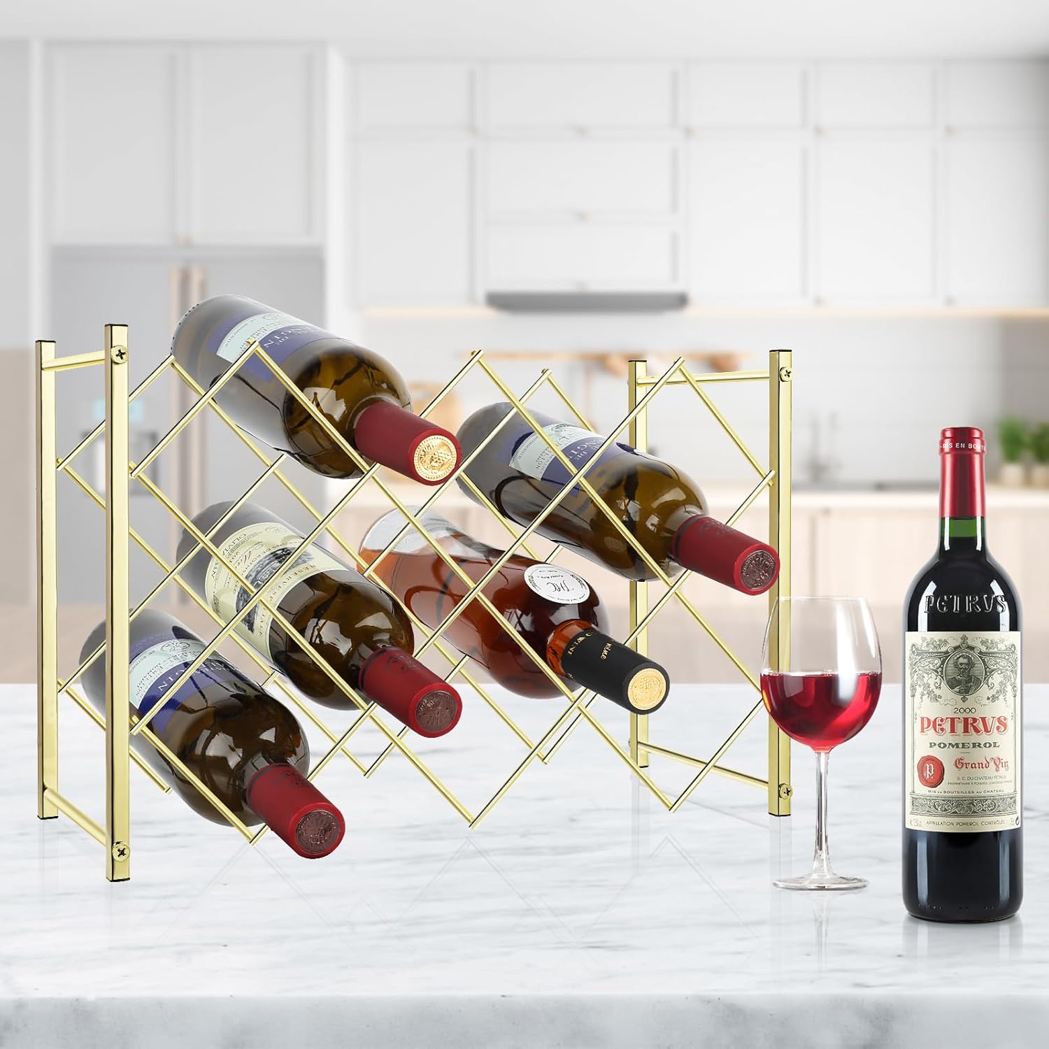 TOBUSA Estante de vino dorado para encimera, moderno estante de vino independiente, soporte para 10 botellas de vino de diseño simple, estante de
