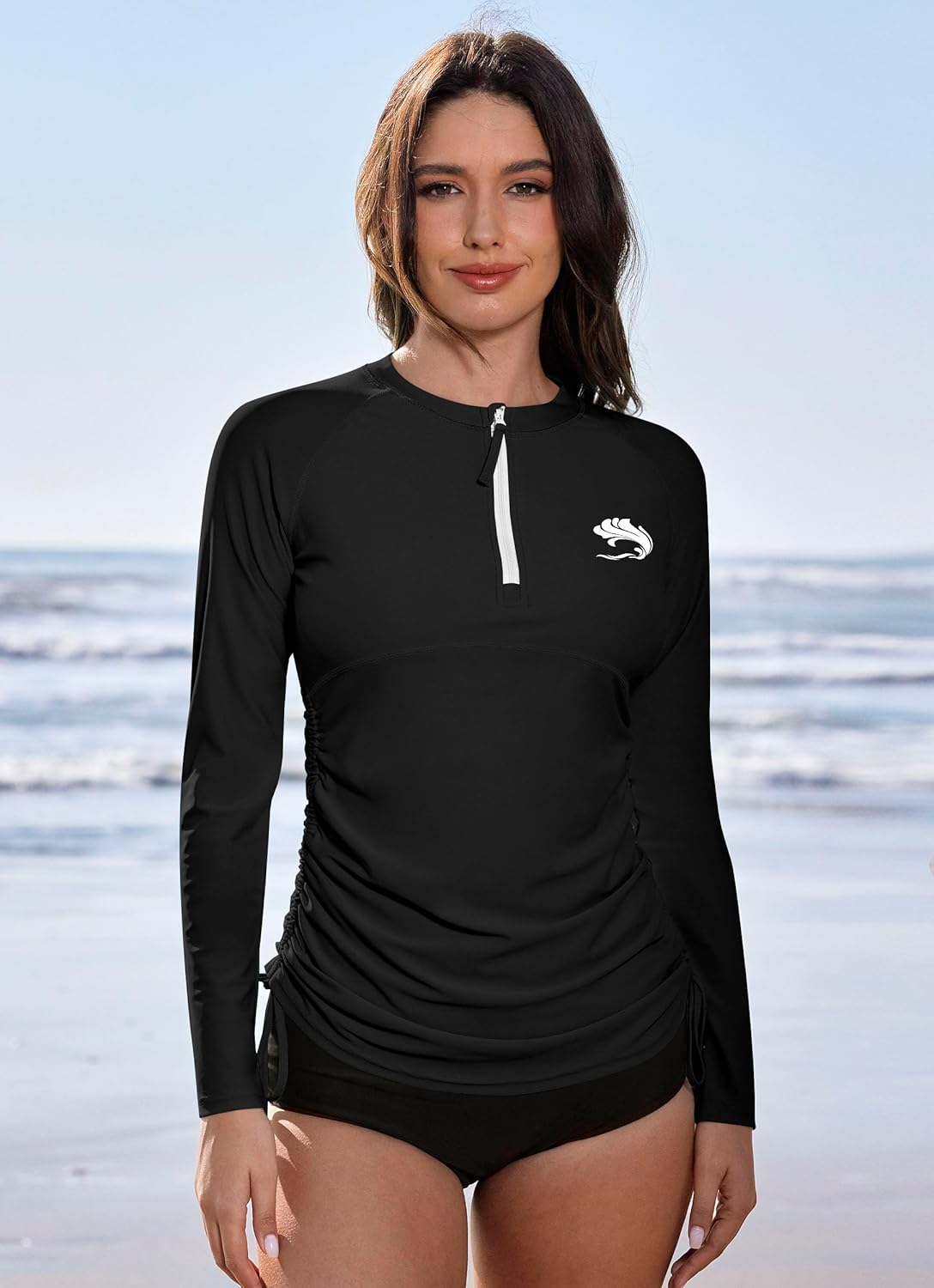 BesserBay Women's UPF 50+ UV Sun Protection Rash Guard Shirt Half Zip Long Sleeve Ruched Tie Side Swim Top Swim Shirt - Image 3