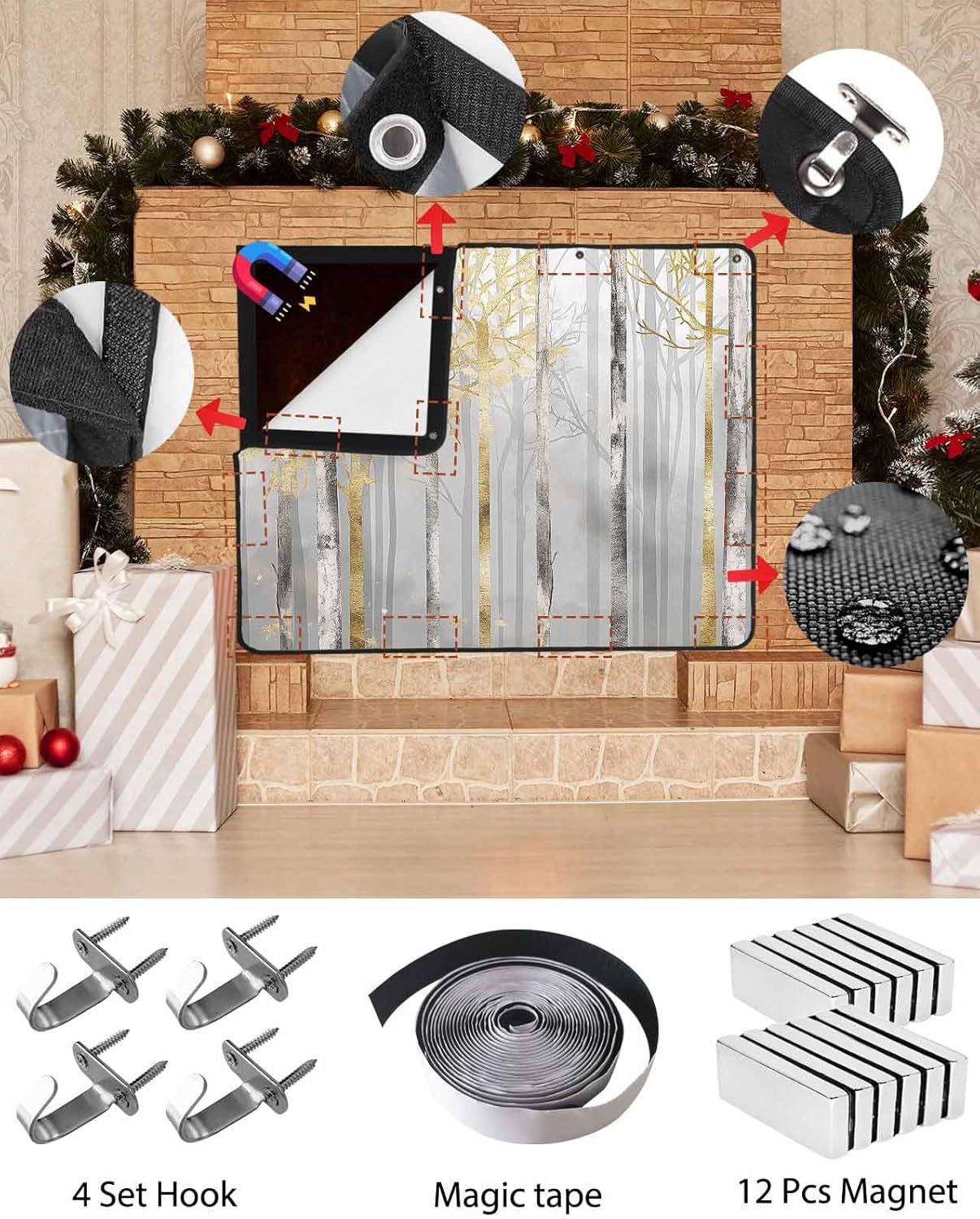 Abstract Forest Magnetic Fireplace Cover Decorative Indoor For Brick Fireplace, Insulation Fireplace Blocker Blanket Draft Stop Hot Heat Save Energy, Modern Landscape Painting Grey Gold 36"Wx27"H