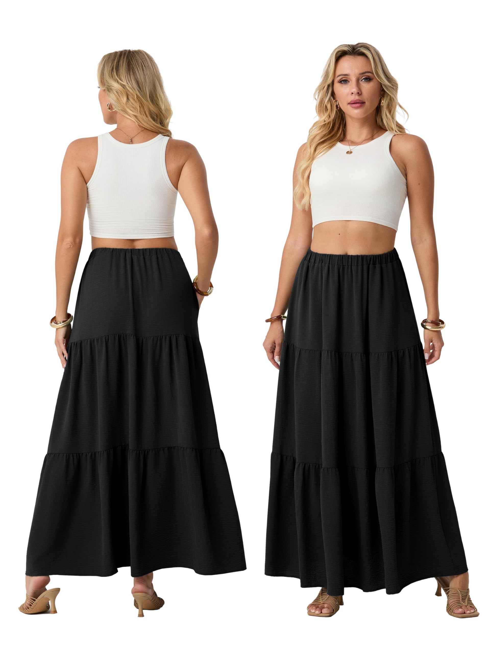 QIXING Maxi gonna da donna in stile bohémien, a vita alta, linea ad A, casual, con tasche, spiaggia e vacanze