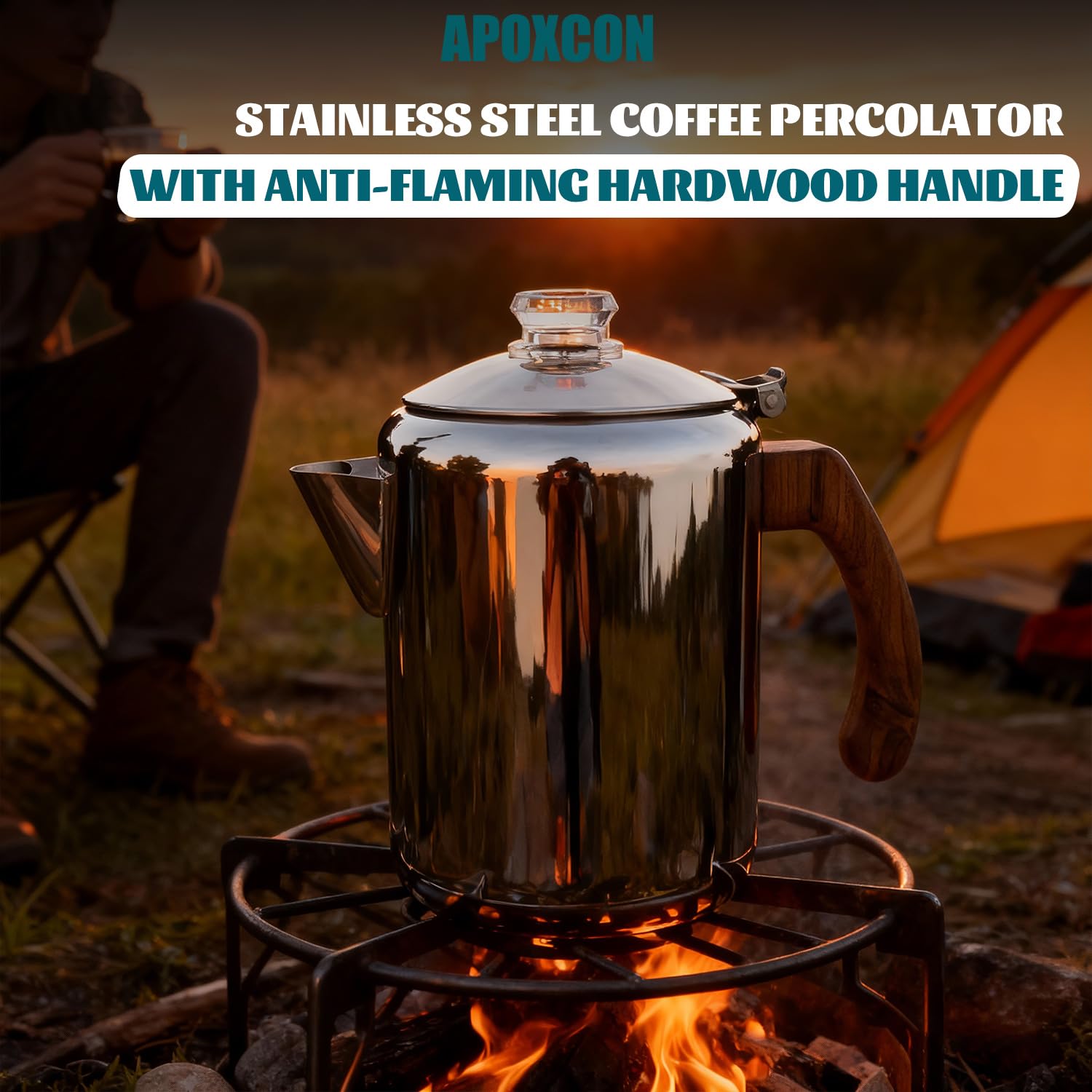 APOXCON Kaffee-Perkolatorkanne aus Edelstahl mit robustem Glasknopf und behandeltem Massivholzgriff und tropffreiem Ausgießer, Camping-Kaffeekanne, Verwendung auf jedem Herd, kein Aluminium