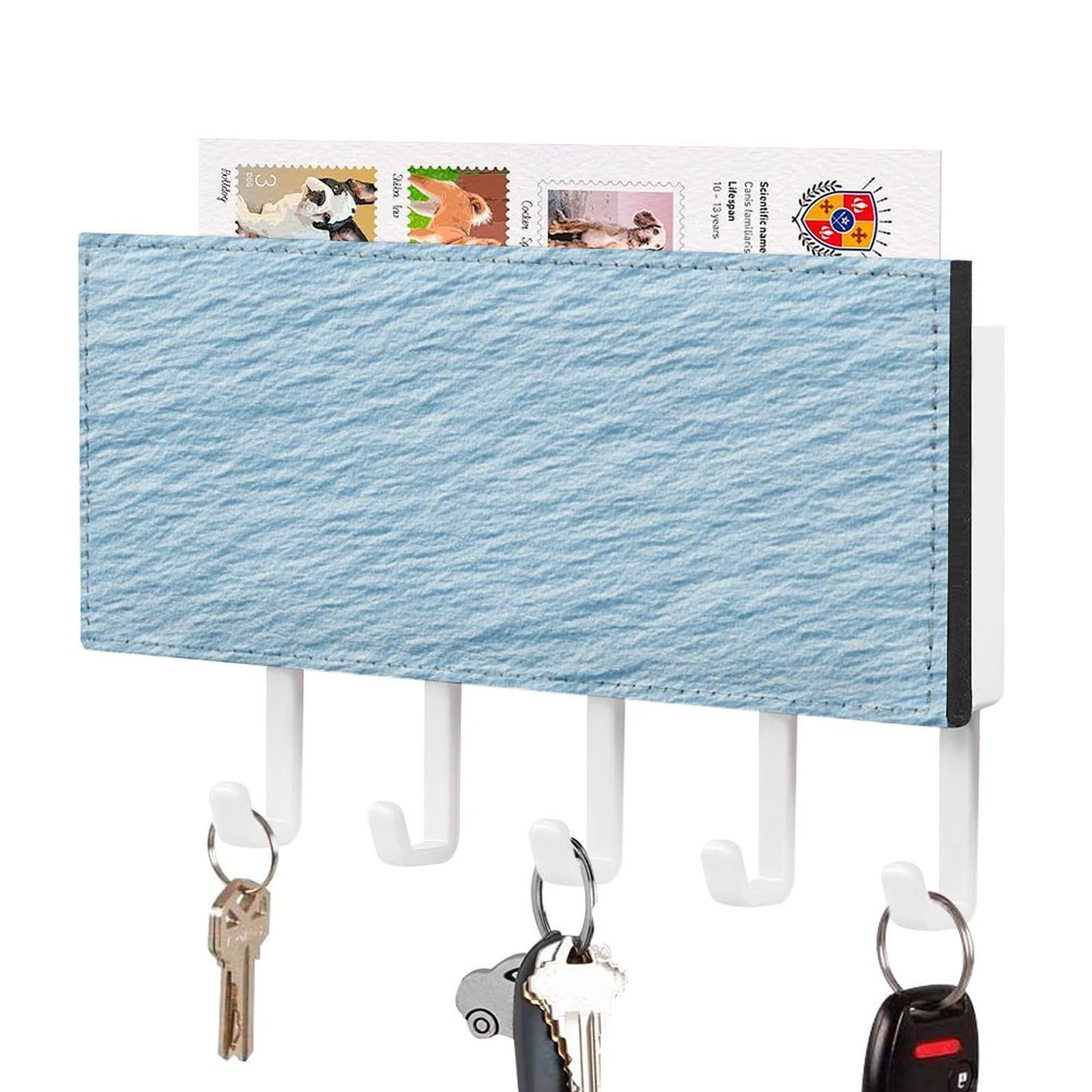 Jubonexis Plain Pastel Blue Paper Texture Wall Mount with 5 Hooks Acrylic Key Rack for Home Office Entryway