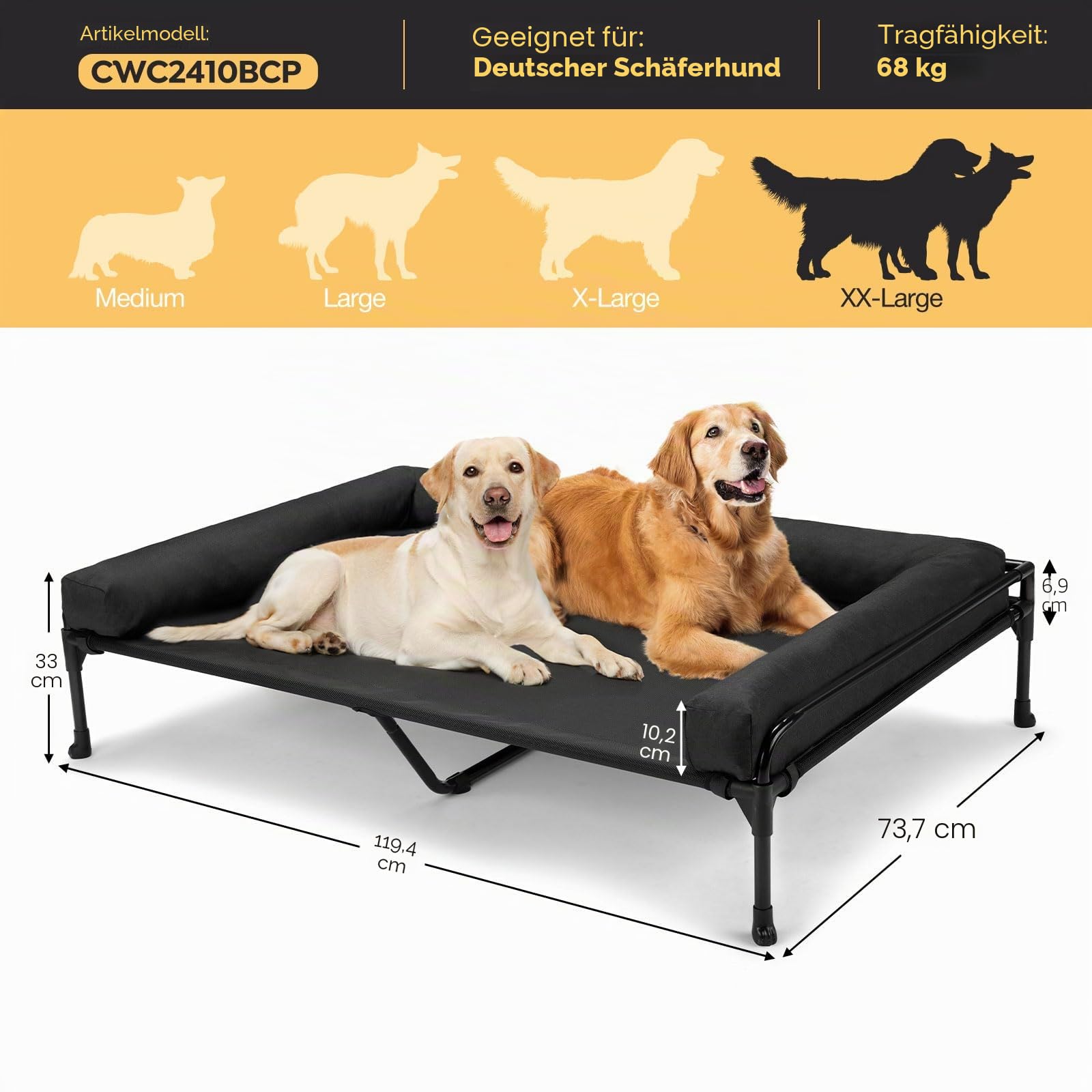 Veehoo Hundeliege Outdoor Sehr Grosse Hunde, Kühlendes Erhöhtes Hundebett mit abnehmbarem Bloster, Hundeliege Abwaschbar Hunde Reisebett, Schwarz 120 x 74 x 23cm
