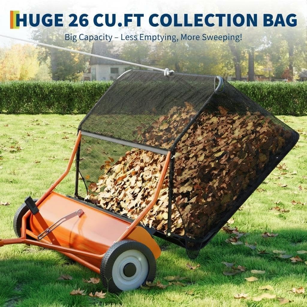 PeakPursuit 52" Tow-Behind Lawn Sweeper, 26 Cu. Ft Hopper Bag Capacity; Leaf & Grass Catcher, with Adjustable Brush Height and Dump from Seat Handle