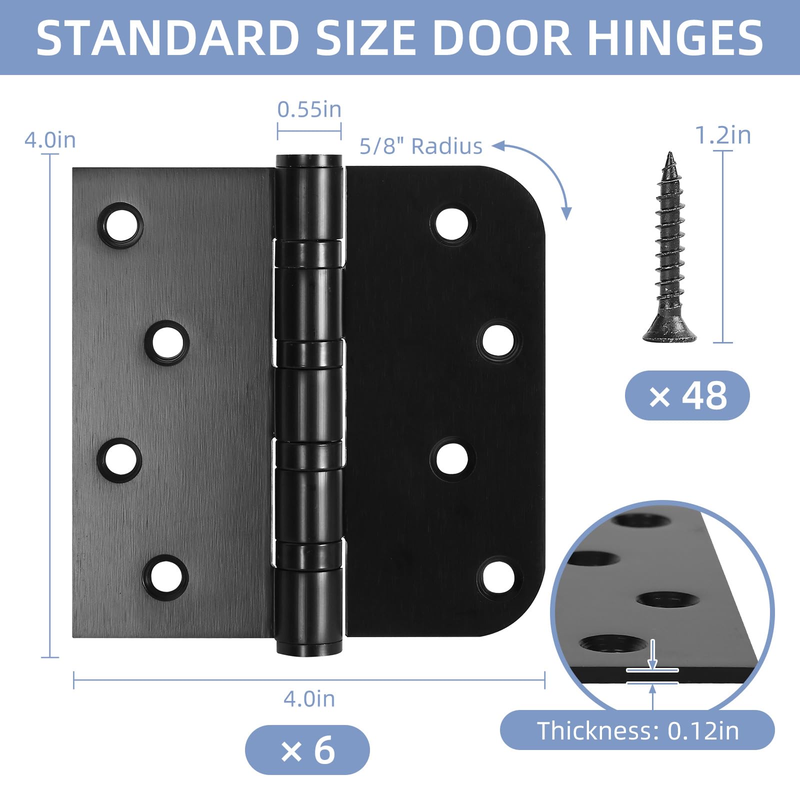 Paquete de 6 bisagras de puerta color negro mate, bisagras de puerta de 4 x 4 pulgadas, bisagras de acero inoxidable resistentes con tornillos para puertas exteriores e interiores, cuadradas y