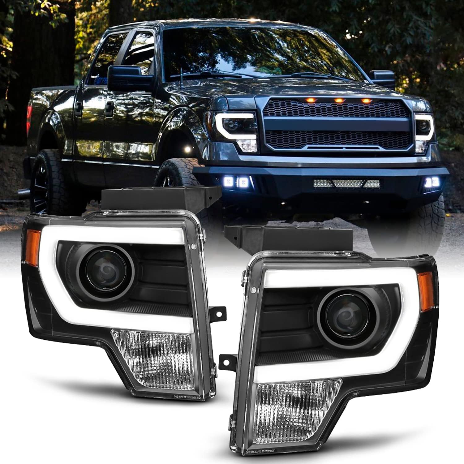 AKKON - For [HALOGEN UPGRADE] 09-14 Ford F-150 F150 Light Duty Pickup Black Bazel C-Shape LED light Tube Projector Headlights, Low Beam: H7, High Beam: H7, Car Vehicle Light Assembly, Black Housing