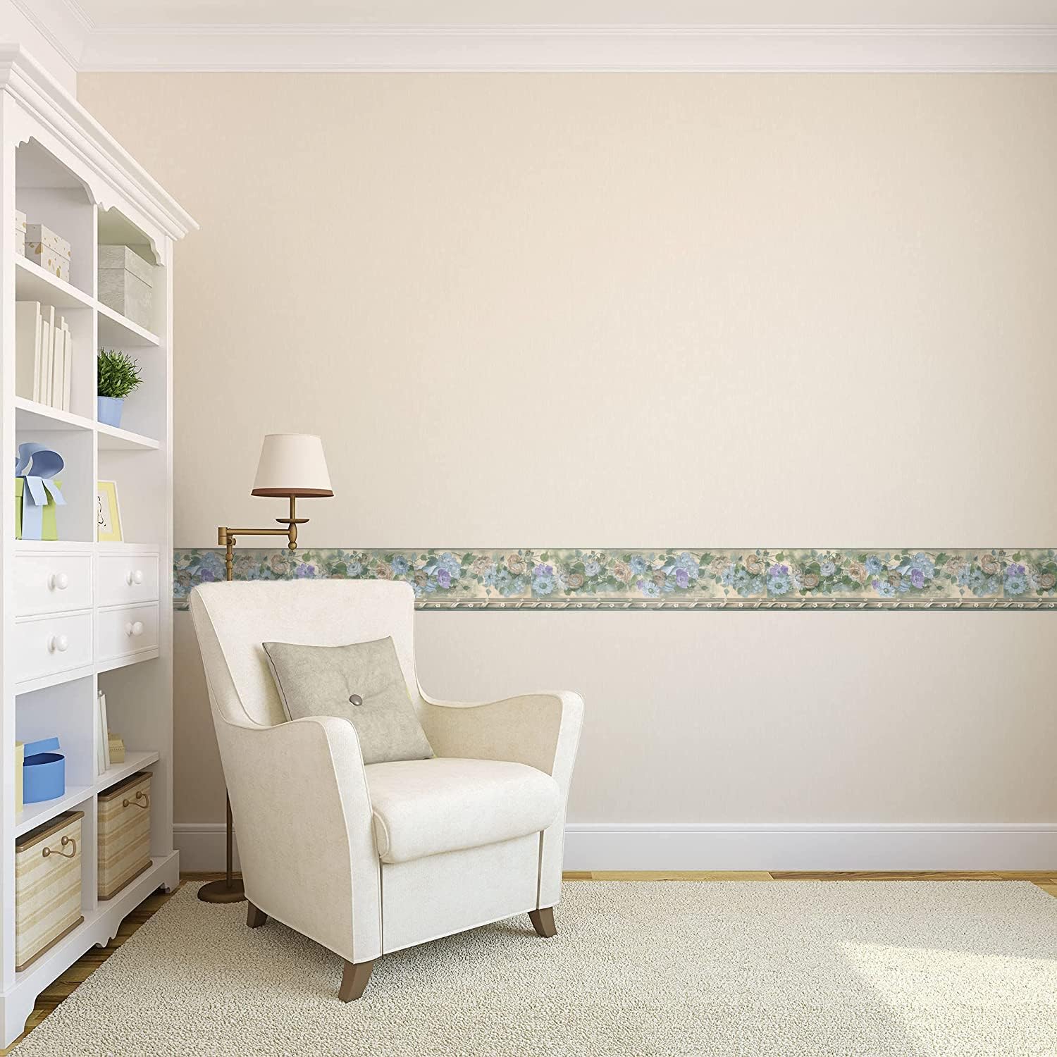 CONCORD WALLCOVERINGS ™ Prepasted Wallpaper Border Floral Pattern Roses Leaves for Living Room Bedroom Kitchen, Green Beige Lilac, 15 ft by 6 in PP76553