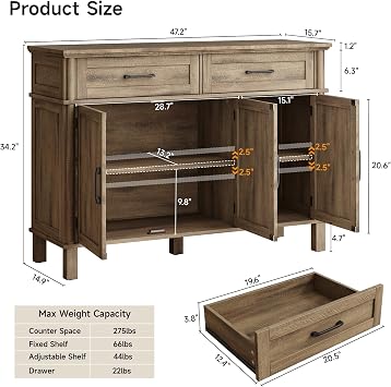 ONBRILL 48 Inch Buffet Cabinet with Storage, Washed Grey