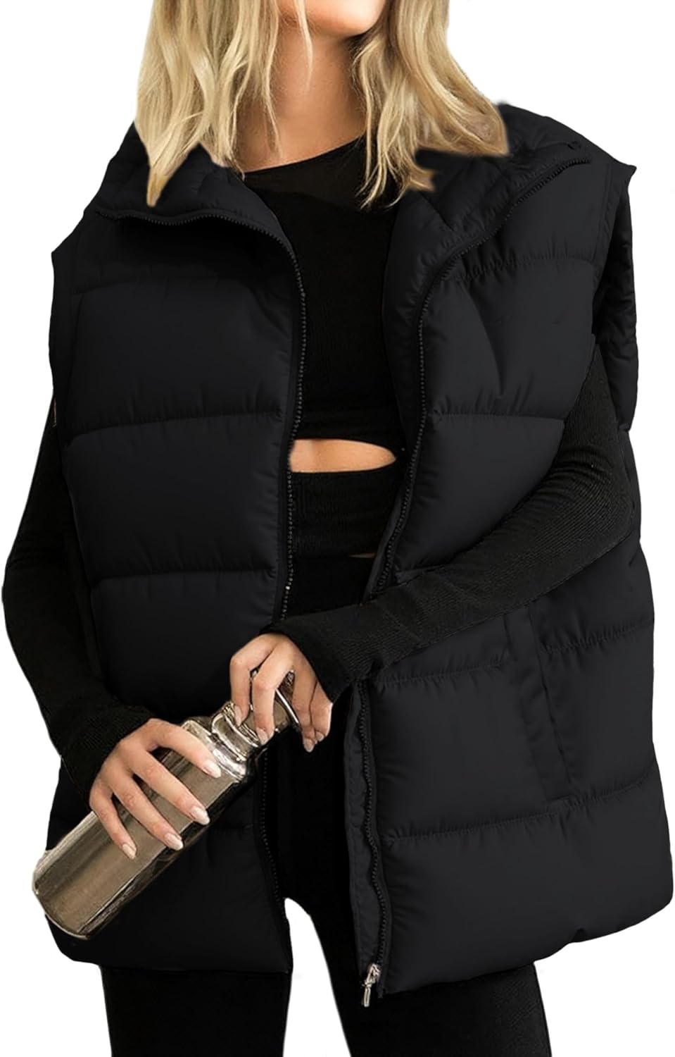 Huaqiao Women's Quilted Puffer Vest Stand Collar Sleeveless Coat Zipper Winter Gilet Jacket