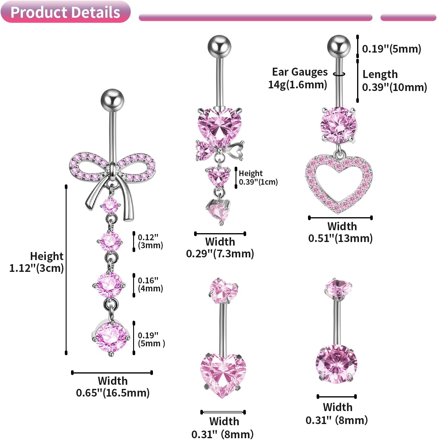 OIDEA Belly Button Rings for Women: 5PCS 14G Cute Pink CZ Rhinestone Heart Shape Surgical Steel Hanging Dangle Curved Navel Rings Belly Button Body Piercing Jewelry Set - Image 3