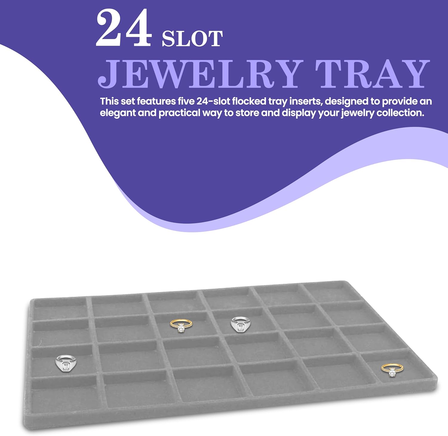 Novel Box 5 Pack 24-Slot Gray Liner Jewelry Storage Tray Inserts 14.75x8.25x1 Inches - Jewelry Organizer Pad for Drawers & Store Displays - Jewelry Display Pads for Rings Earrings & Pendants