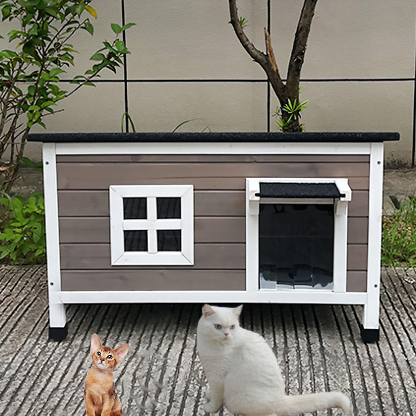Casa para gatos con aislamiento térmico para exteriores con techo retráctil inclinado, jaula de madera maciza para gatos domésticos y callejeros