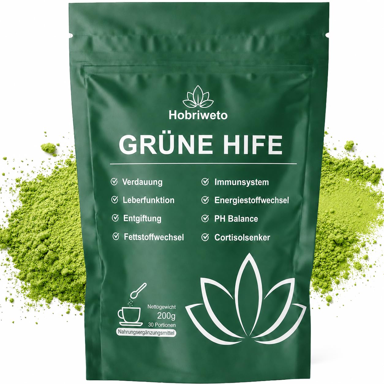 Grüne Entgiftungspulver, 2026 Neu 200g Superfood Helfer Pulver mit 40+ Nährstoffquellen, Gerstengras, Ashwagandha, Rhodiola, Cholin für Verdauung, Cortisol Senken, pH-Balance und Leberfunktion