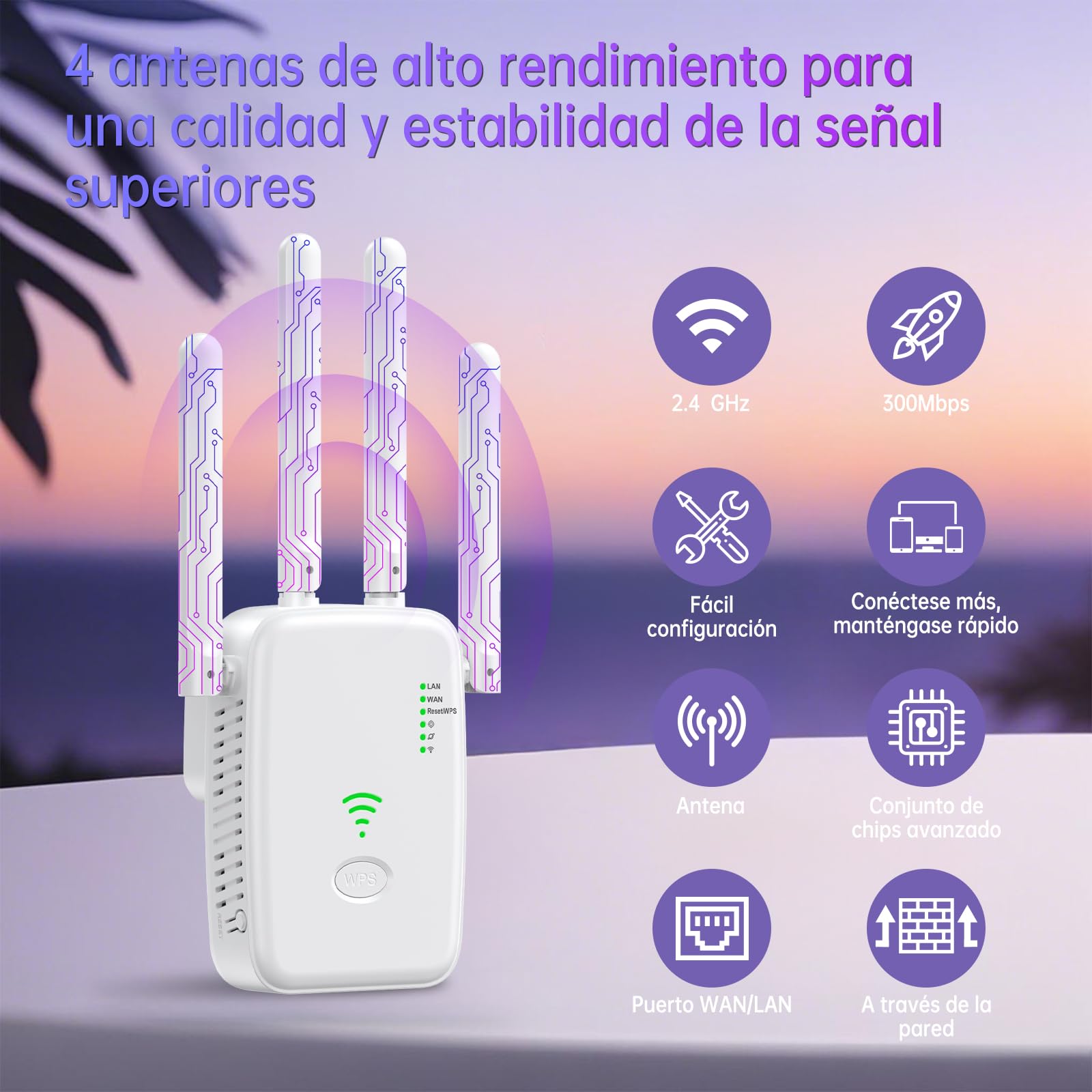 Repetidor WiFi, Amplificador Señal WiFi 2.4GHz 300Mbps Extensor Wi-Fi con Puerto Ethernet, 4 Antenas, repetidor WiFi Largo Alcanc, para oficinas y hogares