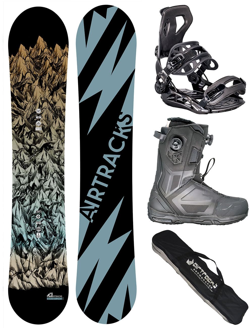 Airtracks Mountain Lines Snowboard Wide Flat Zero Rocker + attacchi Master Fastec + Boots + SB Bag 156 159 163 165 cm