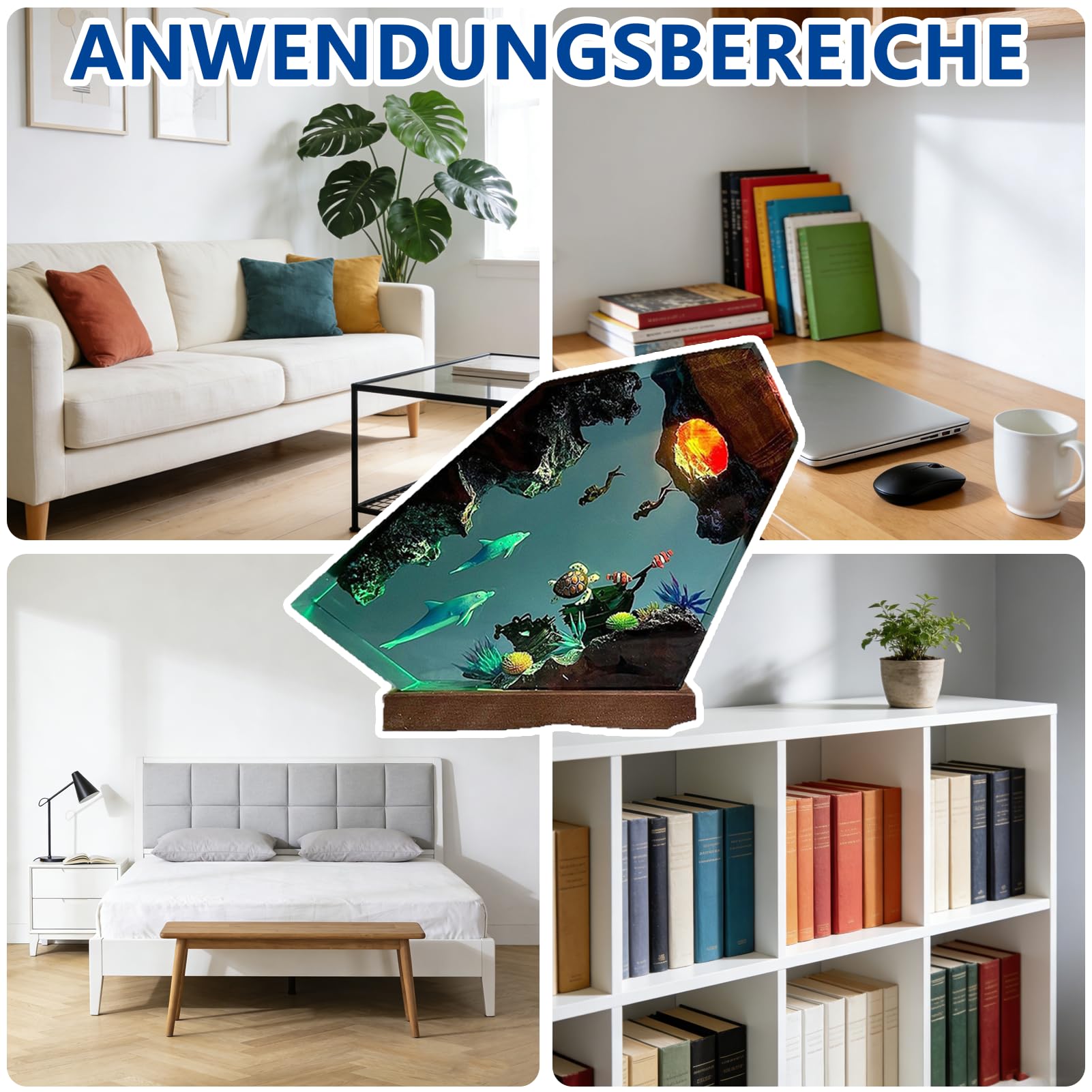 3D Harz Ozean Tier Figuren Nachtlicht,Epoxidharz Ozeanfigur Ornamente mit Holzsockel,Marine Statue Dekoration,LED Ozean Nachtlichter Unterwasser Szene Taucher Hai Wale Schildkröte (Warmes Licht)