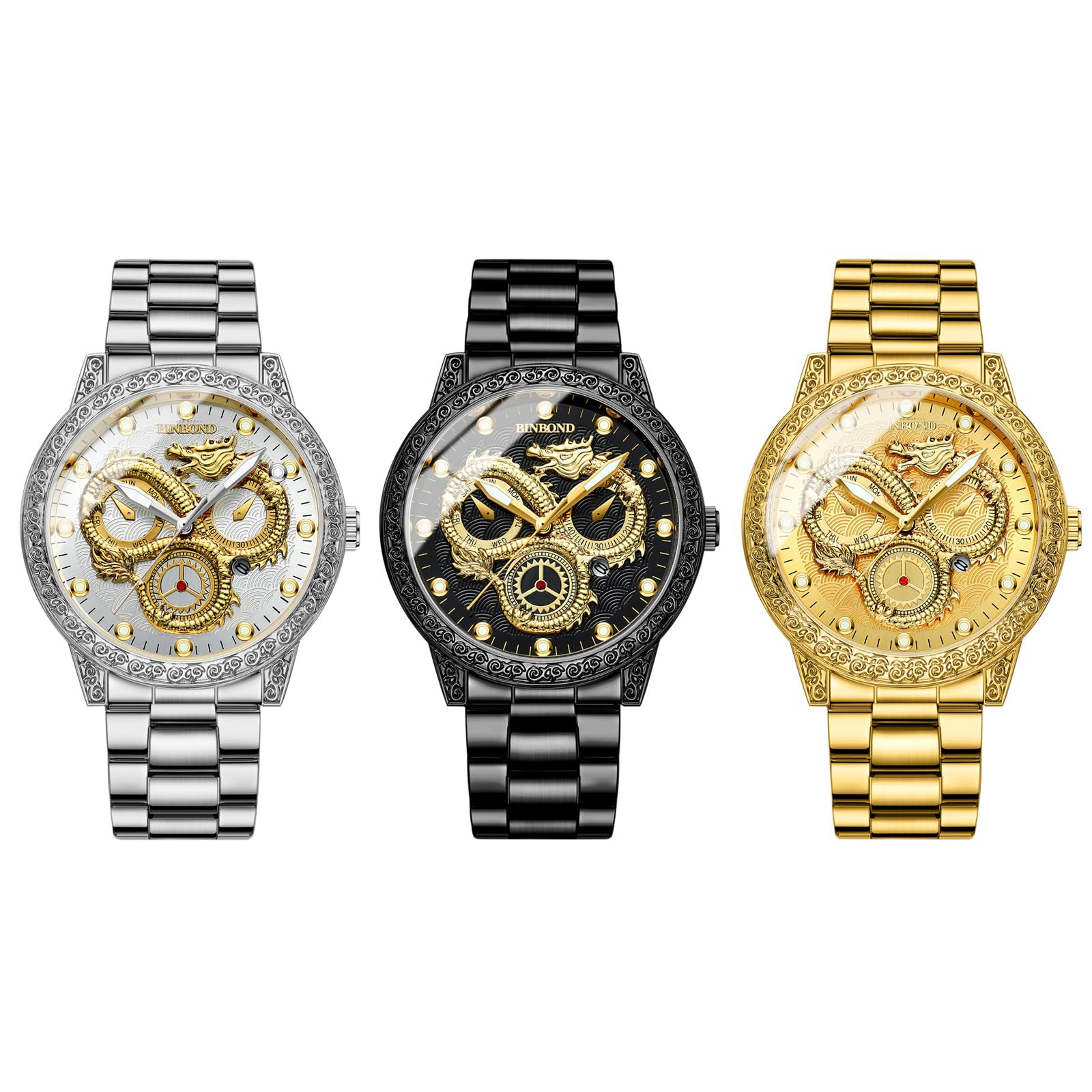 JewelryWe Reloj Impermeable Redondo para Hombre: Reloj de Cuarzo Analógico Puntero Luminoso Escala Calendario Pantalla Correa de Acero Inoxidable Esfera con Relieve Dragón - para Negocios Ocio Regalo