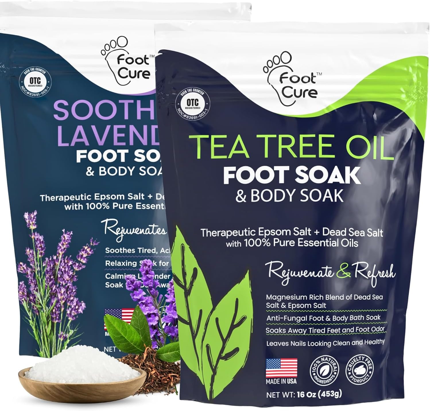FOOT CURE Tea Tree Oil & Soothing Lavender Foot Soak with Epsom Salt - Best Toenail Treatment & Softens Calluses - Soothes Sore & Tired Feet, Foot Odor Scent, Spa Pedicure - 16 oz (Pack of 2)