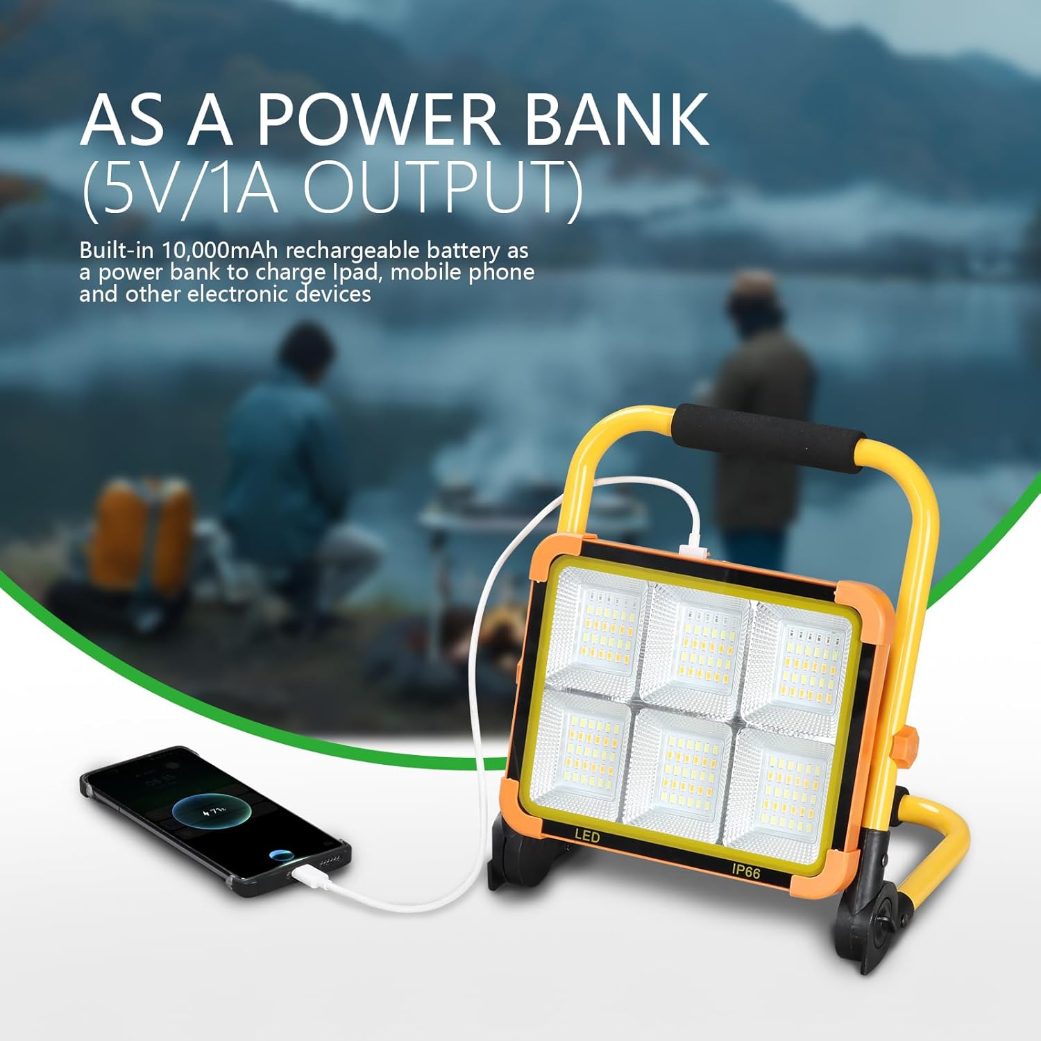 Solar Led Work Light Rechargeable with Stand, Type C and Solar Charging, Porable Flood Light IP66 Weatherproof with Li Battery, 4 Lighting Modes Camping Shop Light