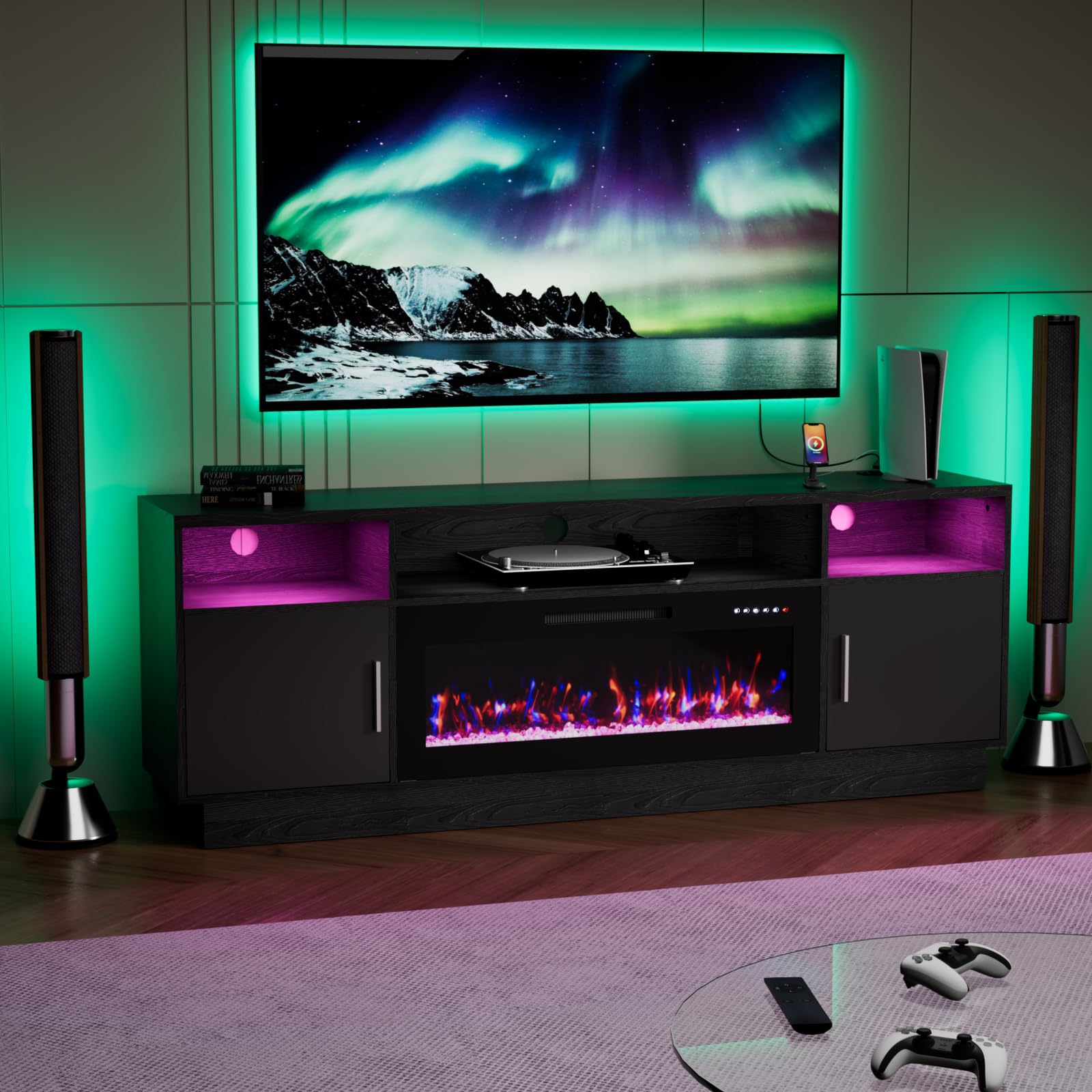 BREEZEHEAT TV Stand with Fireplace-Fireplace TV Stand for 75+ inch TV, LED Entertainment Center for Living Room w/ 36" Fireplace Inserts, TV Console with Cabinet, Power Outlets, Remote Control,Balck