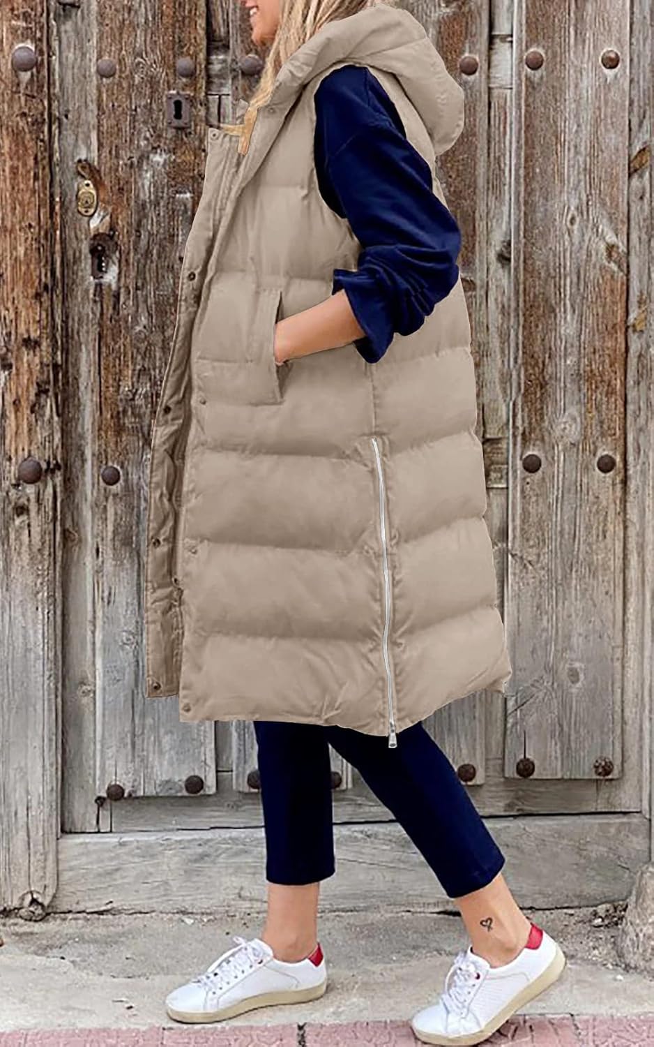 LEANI Womens 2025 Long Puffer Vest Full-Zip Hooded Sleeveless Down Jacket Coats with Pockets - Image 2