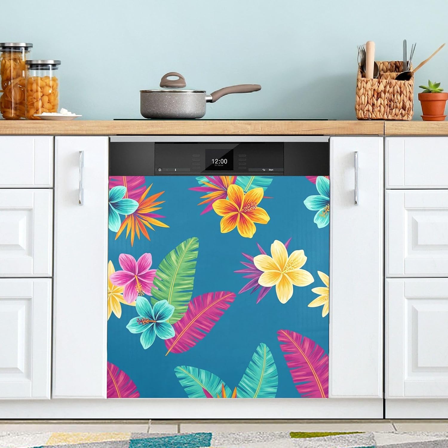 QUGRL Tropical Flowers Leaves Summer Dishwasher Magnet Cover Front Door Hibiscus Flowers Refrigerator Covers Magnetic Sheet Sticker Wash Machine Fridge Panel Decal for Kitchen Appliance 23x2