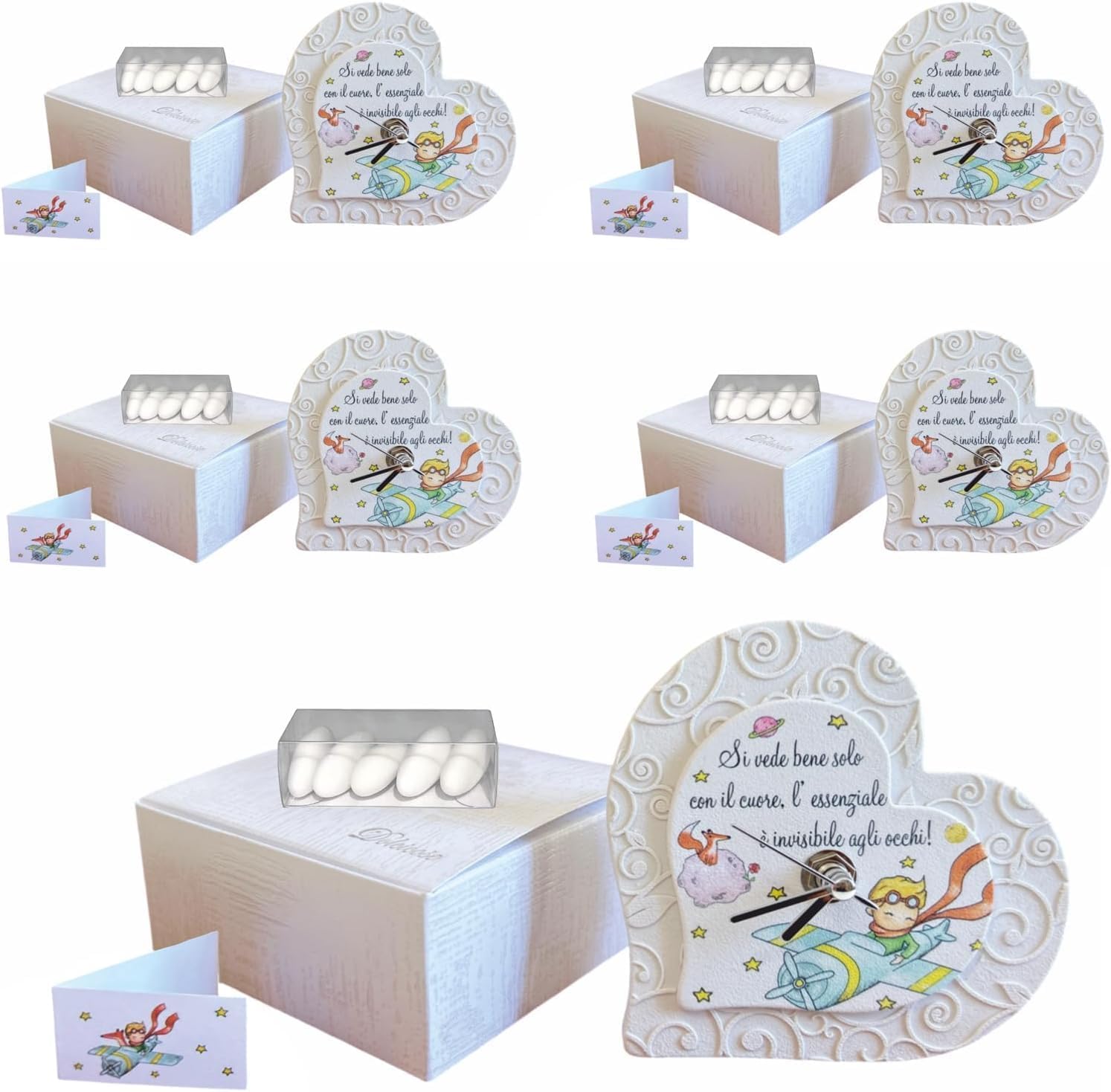 Regalami.Shop Set di 5 bomboniere Orologio con Piccolo Principe in Marmo di Carrara ricomposto, Completo di Scatola, bigliettino Coordinato e scatolina Porta Confetti (5, Cuore)