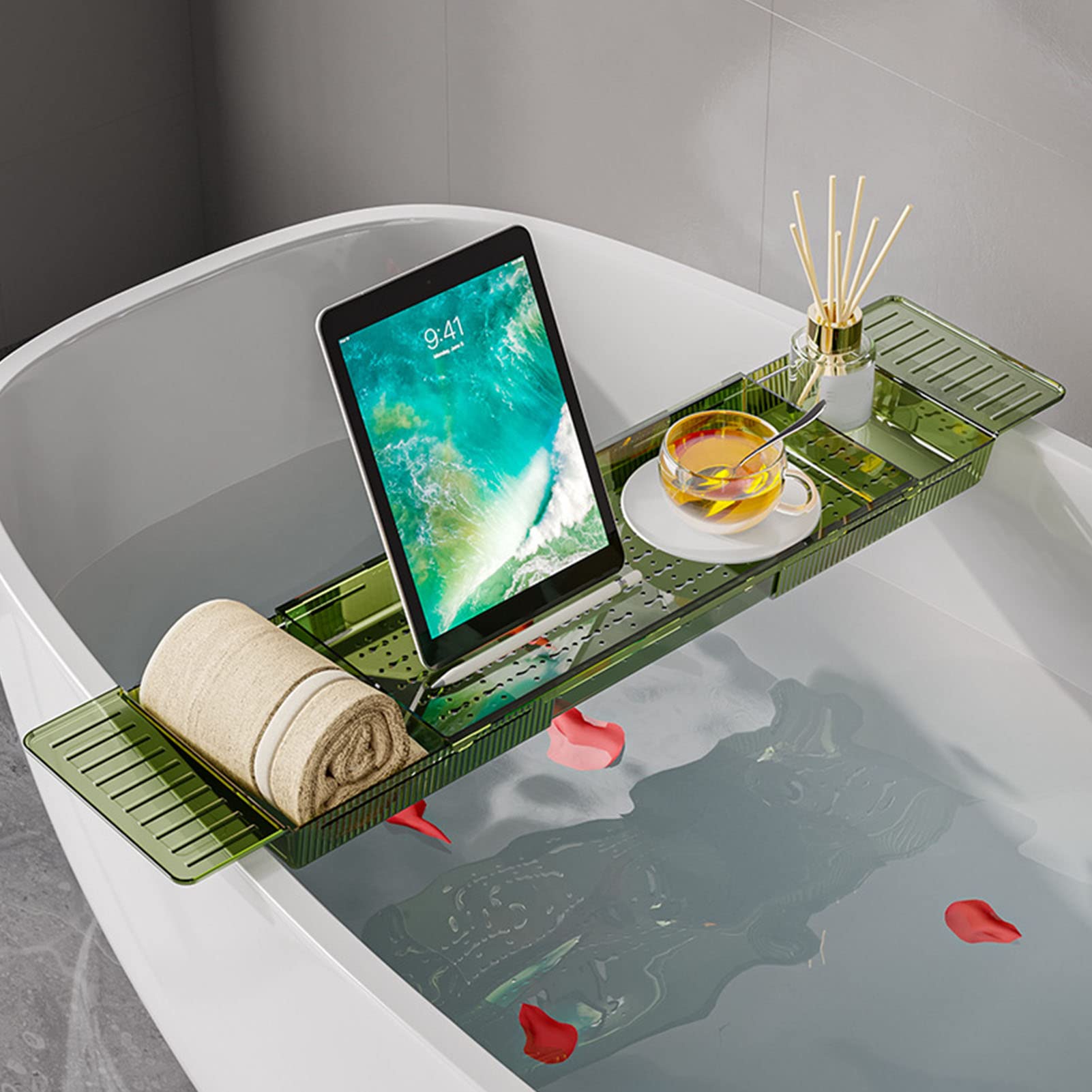 Aramox Estante para Bañera, Bandeja de Plástico Extensible para Bañera con Agarre Antideslizante, Estante para de Gran Capacidad para Sostener Toallas, Teléfonos, Tabletas, Artículos de Ducha para