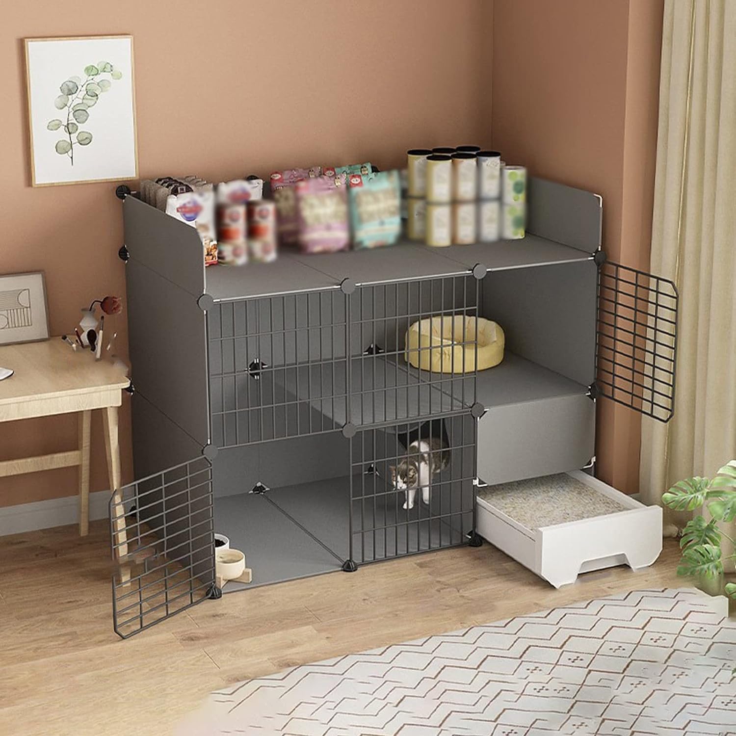 Collapsible Indoor Cat Cage with Litter Box - 2-Tier Large DIY Pet Playpen for Kittens, Easy Assembly, Comfort & Exercise, Ideal for Cats & Small Pets