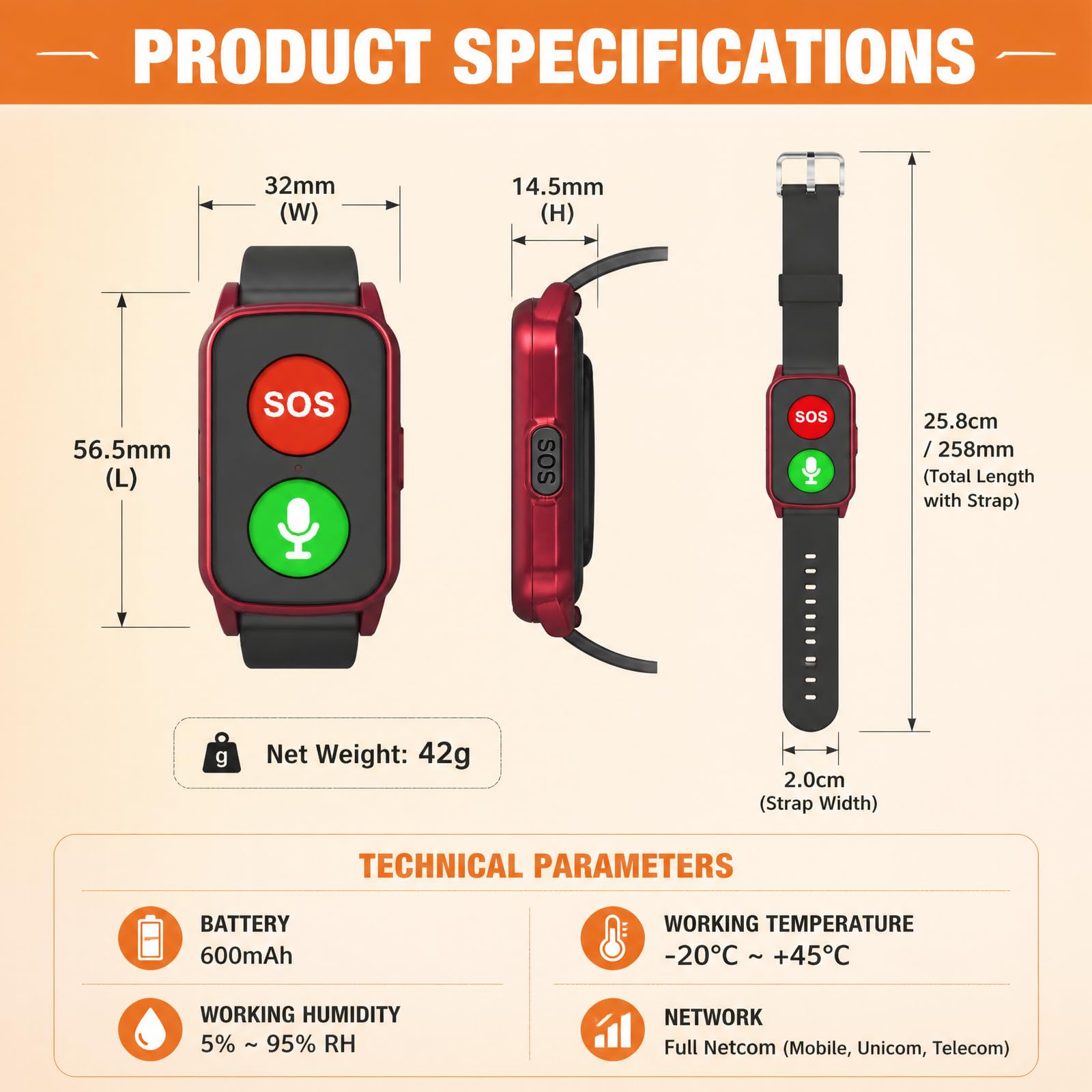 Pulsera GPS Ancianos SOS Deteccion Caidas Localizacion Tiempo Real Monitor Salud 600mAh IP67 Impermeable Smart Band Demencia Alzheimer Pacientes Negro Rojo Caja Set Regalo Black