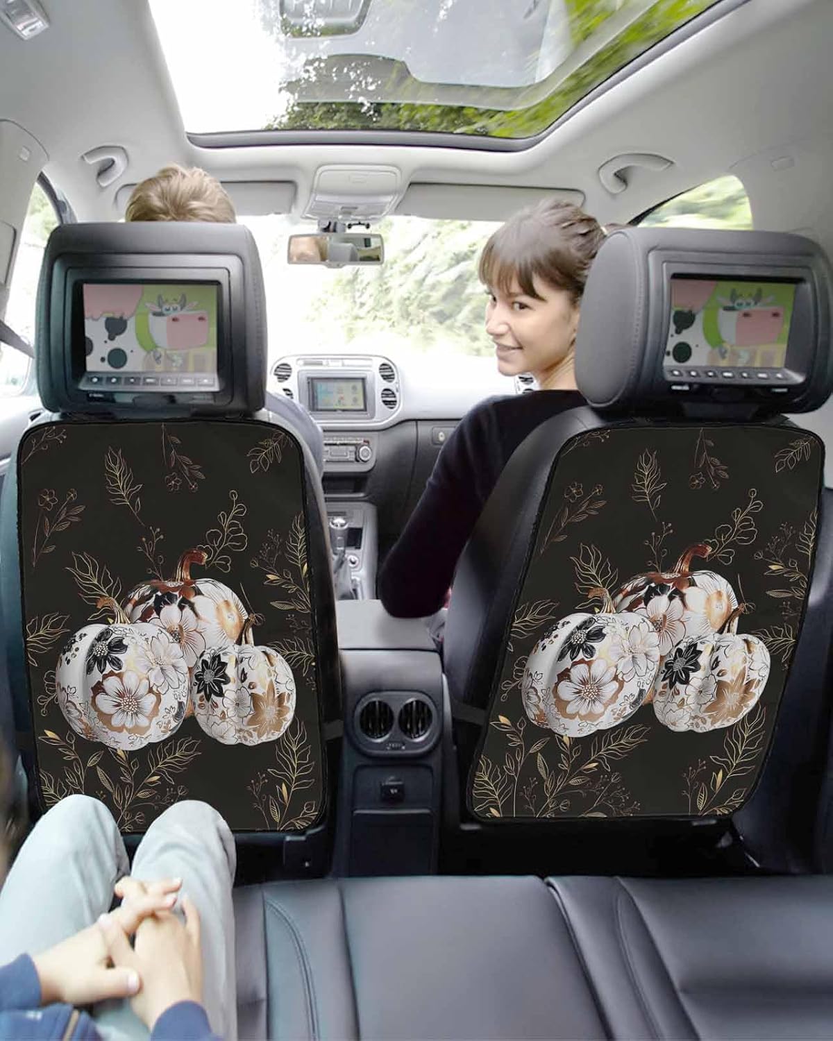 Car Seat Protector, 2 Pack Kick Mats Back Seat Protector Fall Thanksgiving Pumpkin with Floral Retro Golden Botanical Leaves Black Backseat Cover for Universal Fit Automotive Interior Protectors