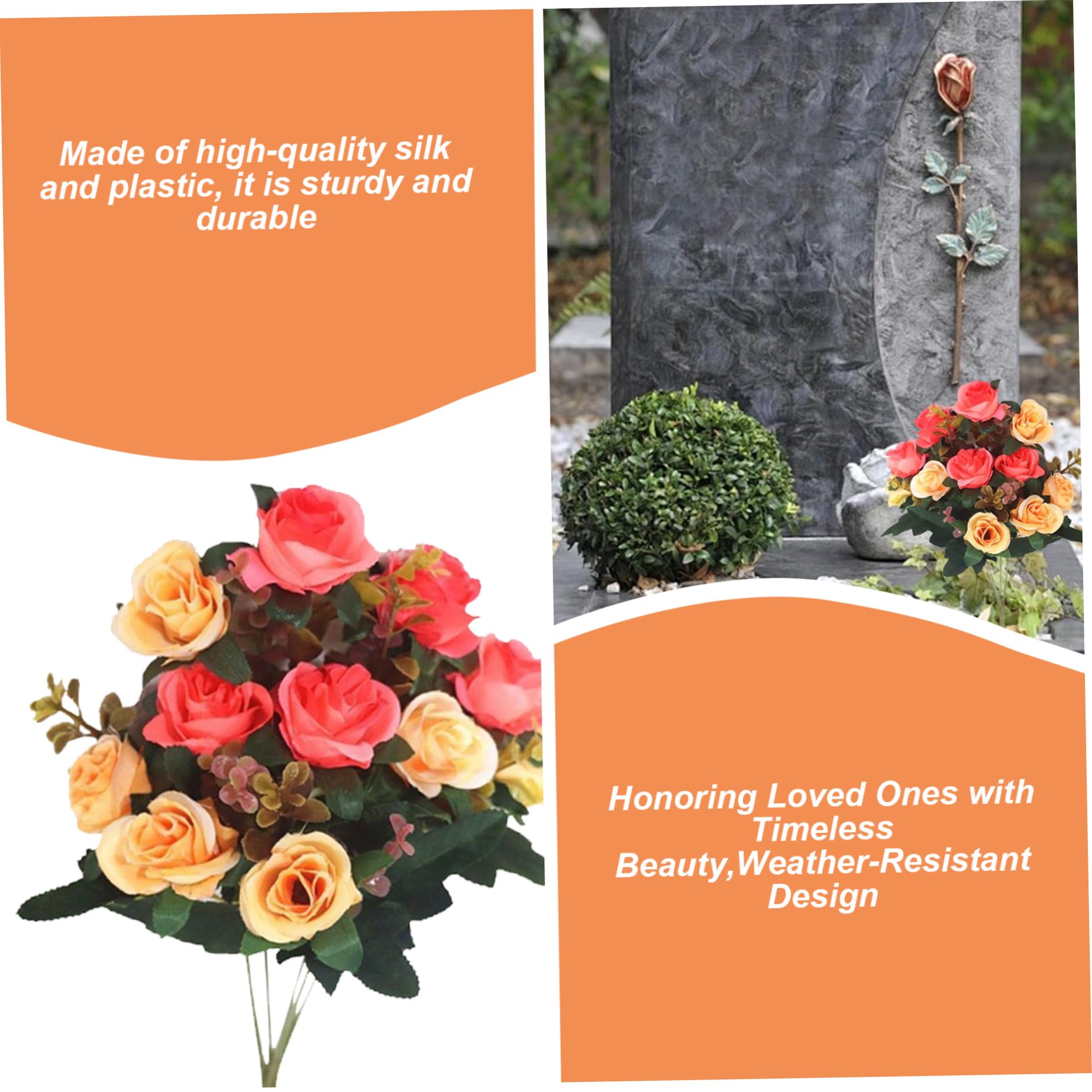 4 mazzi di Rose finte da cimitero da 11, 8'', a 12 Teste, in Seta, Fiori commemorativi per la Decorazione del Vaso della Tomba, Arancione