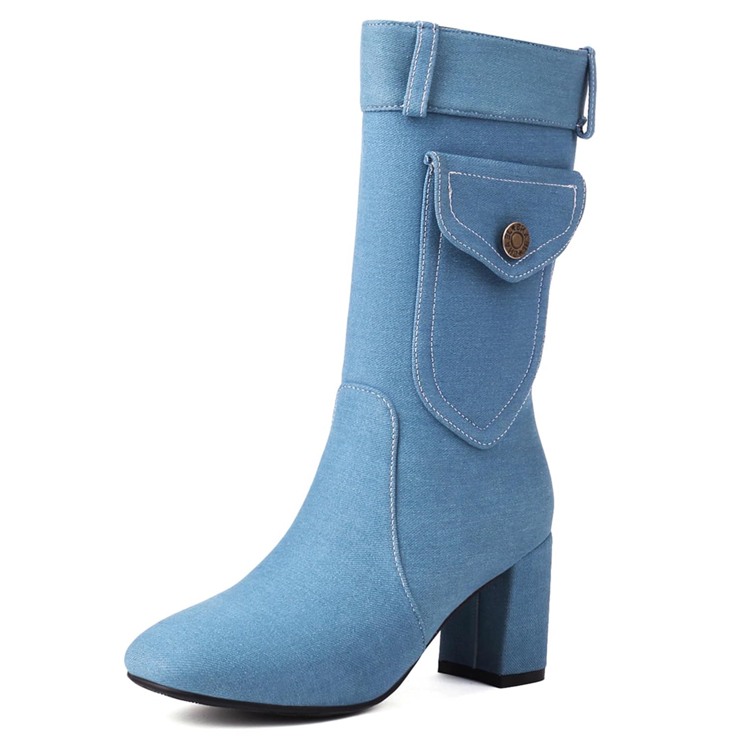 Women Fashion Square Toe Mid Calf Riding Boots Zip