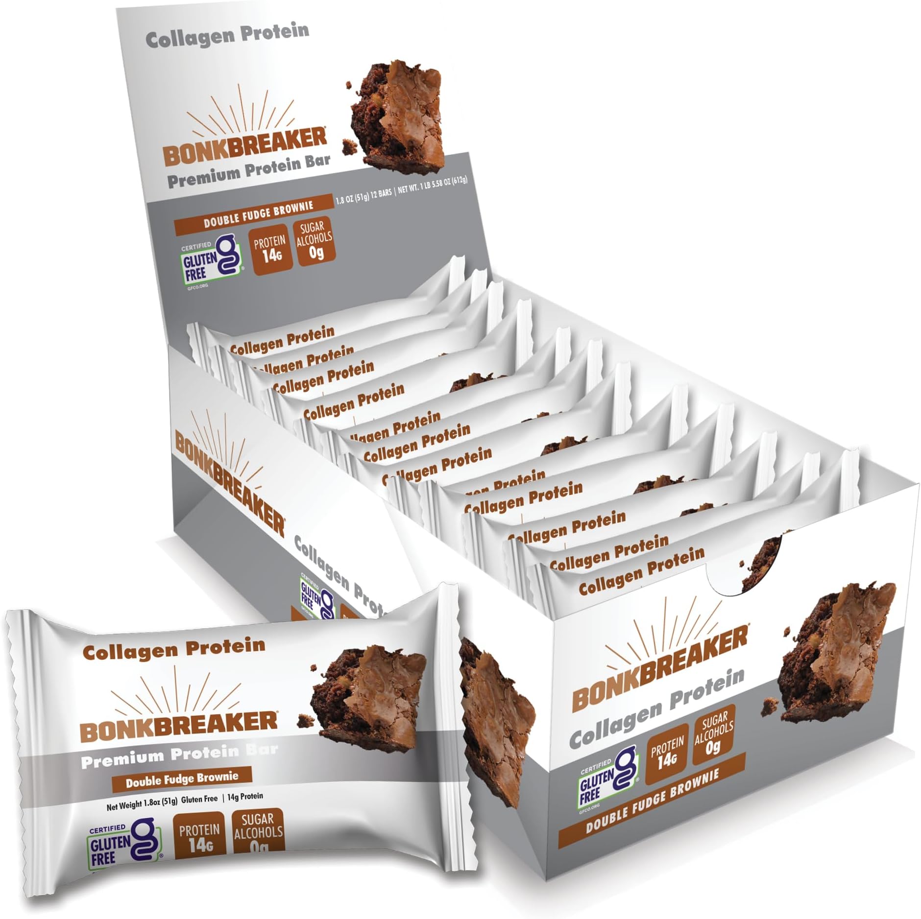 Bonk Breaker Collagen Protein Premium Protein Bar Gluten-Free, 15g Protein, Double Fudge Brownie Flavor, 51g Bar (12 Pack)