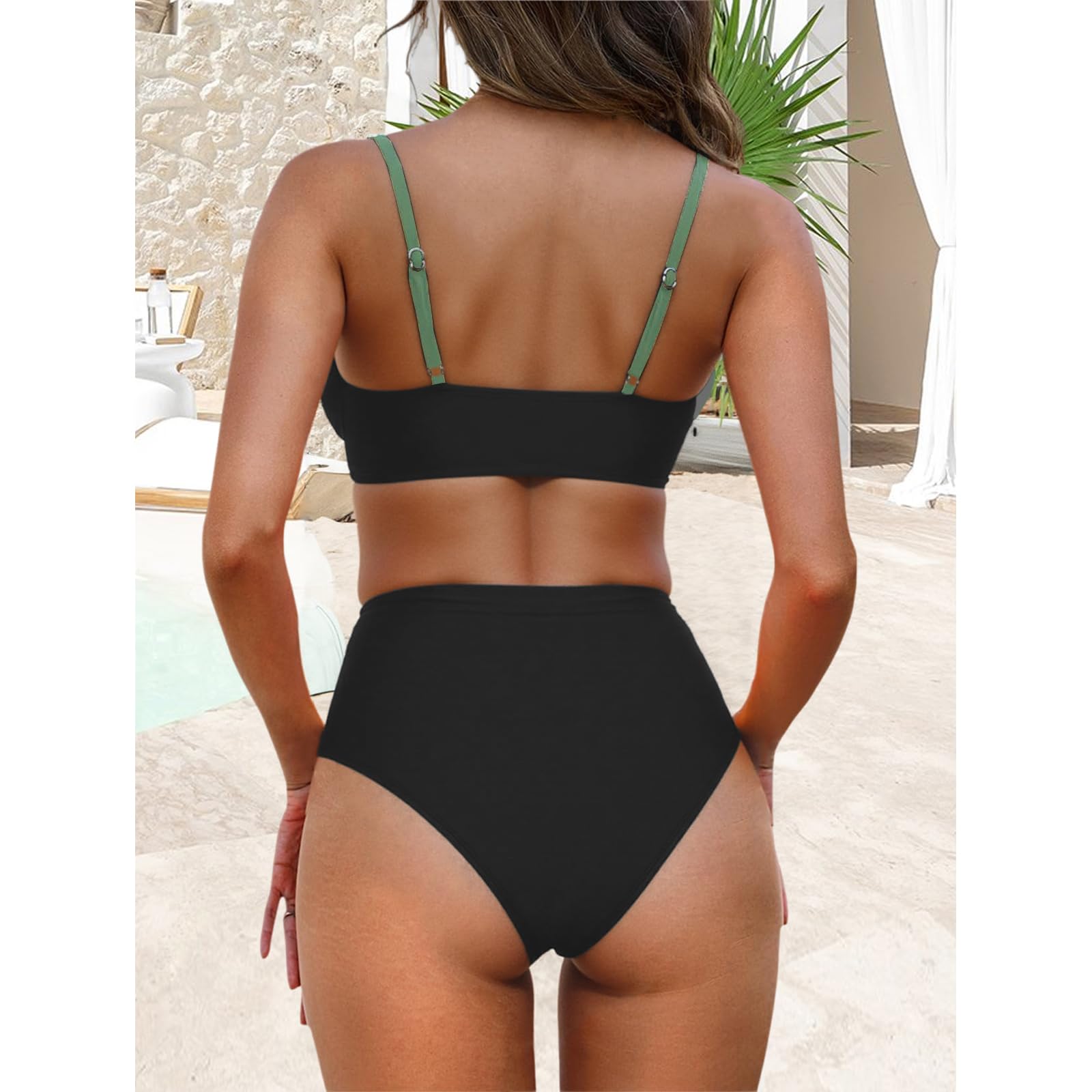 Femme Bikini Torsadé Taille Haute Ensemble Bikini | Col V Élégant Maillot de Bain 2 Pièces