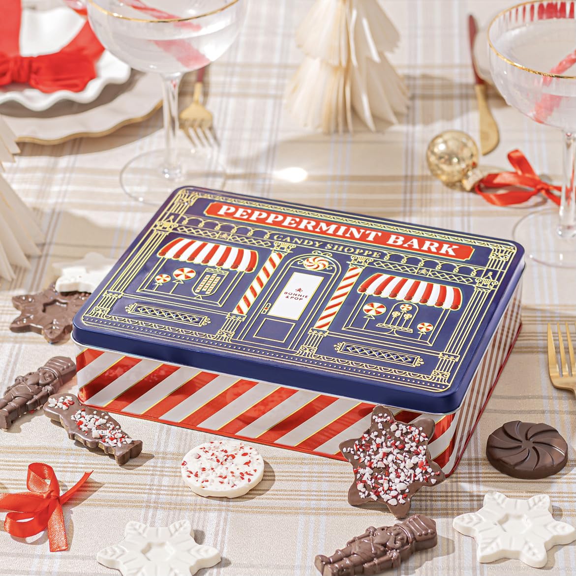 Christmas Peppermint Gift Tin Bark Candy – Fudge Gourmet Holiday Chocolate Gift Basket, Festive Assortment with Nutcrackers, Trees & Gingerbread Shapes – Family, Friends & Coworkers- Bonnie & Pop