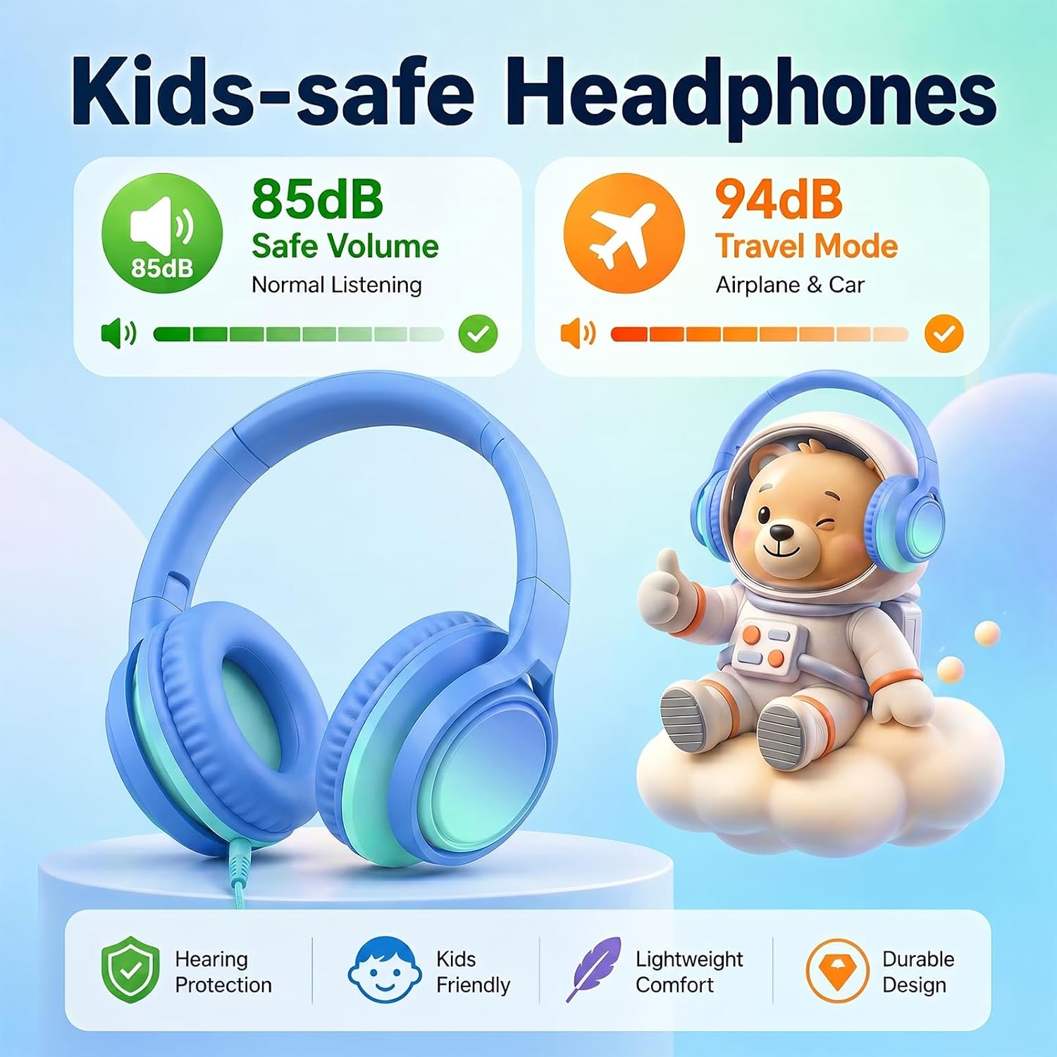 Kids Wired Over-Ear Headphones with Microphone, 3.5mm Jack with USB-C Adapter, Comfortable Headset for Online Learning, School, Tablet, Phone – Gradient Blue & Teal