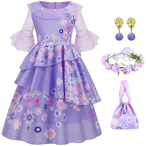 LCXYYY Isabela Madrigal Costume Cosplay Mirabel Isabela Púrpura Vestido de Bailarina con Guirnalda y Bolsa para Niña Halloween Carnaval Cumpleaños Mascarada Fiesta Bebé Ceremonia Disfraz 3-9 años