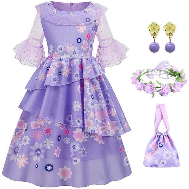 LCXYYY Isabela Madrigal Costume Cosplay Mirabel Isabela Púrpura Vestido de Bailarina con Guirnalda y Bolsa para Niña Halloween Carnaval Cumpleaños Mascarada Fiesta Bebé Ceremonia Disfraz 3-9 años