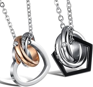 Stayoung Jewellery Parejas Acero Inoxidable 3 Anillos con Estrella Amor para Siempre Colgante Collar, Color Negro / Oro Rosa